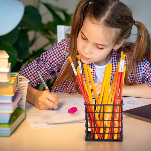 Metal Pencil Holder for Desk, 2 Pack Black Wire Pen Organizers with Mesh Bottom for Office Classroom School Home (Grid-like Design)