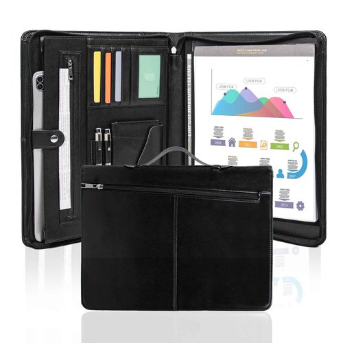 Calfinder Vegan Leather Padfolio with Zipper&Handle,Padfolios for Women&Men,Business Portfolio Organizer for Ipad,Notepad Folder with Phone Pocket and Card Holder,Portfolio Binder