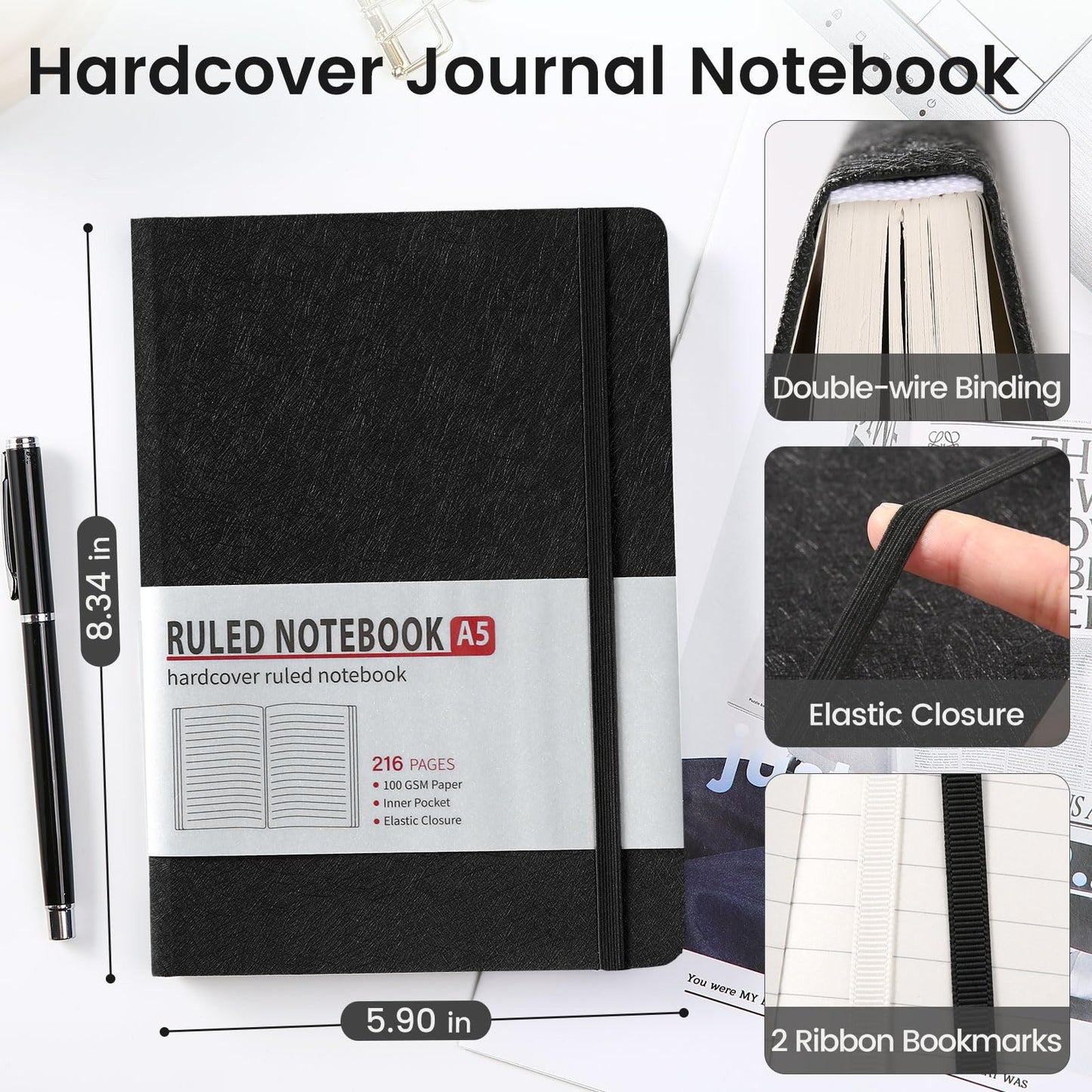 TSFPapier Lined Journal Notebook for Women Men 216 Pages A5 Hardcover Leather Journals for Writing Daily Journaling Notebook for Work, School, Note Taking, Business, Travel (Black)