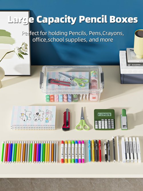 BiuLeon 4 Pack Extra Large Pencil Box, Plastic Pencil Case Organizer, Clear Crayon Box Marker Organizer, Stackable Craft Organizers and Storage for Pen, Craft, Art Supply(Green/Blue/Pink/Black)