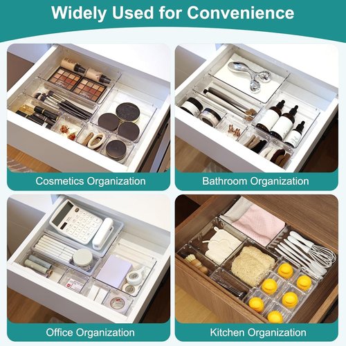 Flybok 28 Pcs Drawer Organizer for Makeup/Office Supplies/Vanity/Desk Drawer Organizers, Acrylic Organizers, Shallow Drawer Organizers with Lid Design