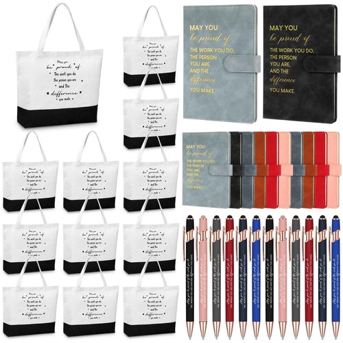 Paterr 12 Sets Thank You Appreciation Gifts Leather Notebooks Canvas Tote Bags Ballpoint Pens for Employee (Chic Colors)