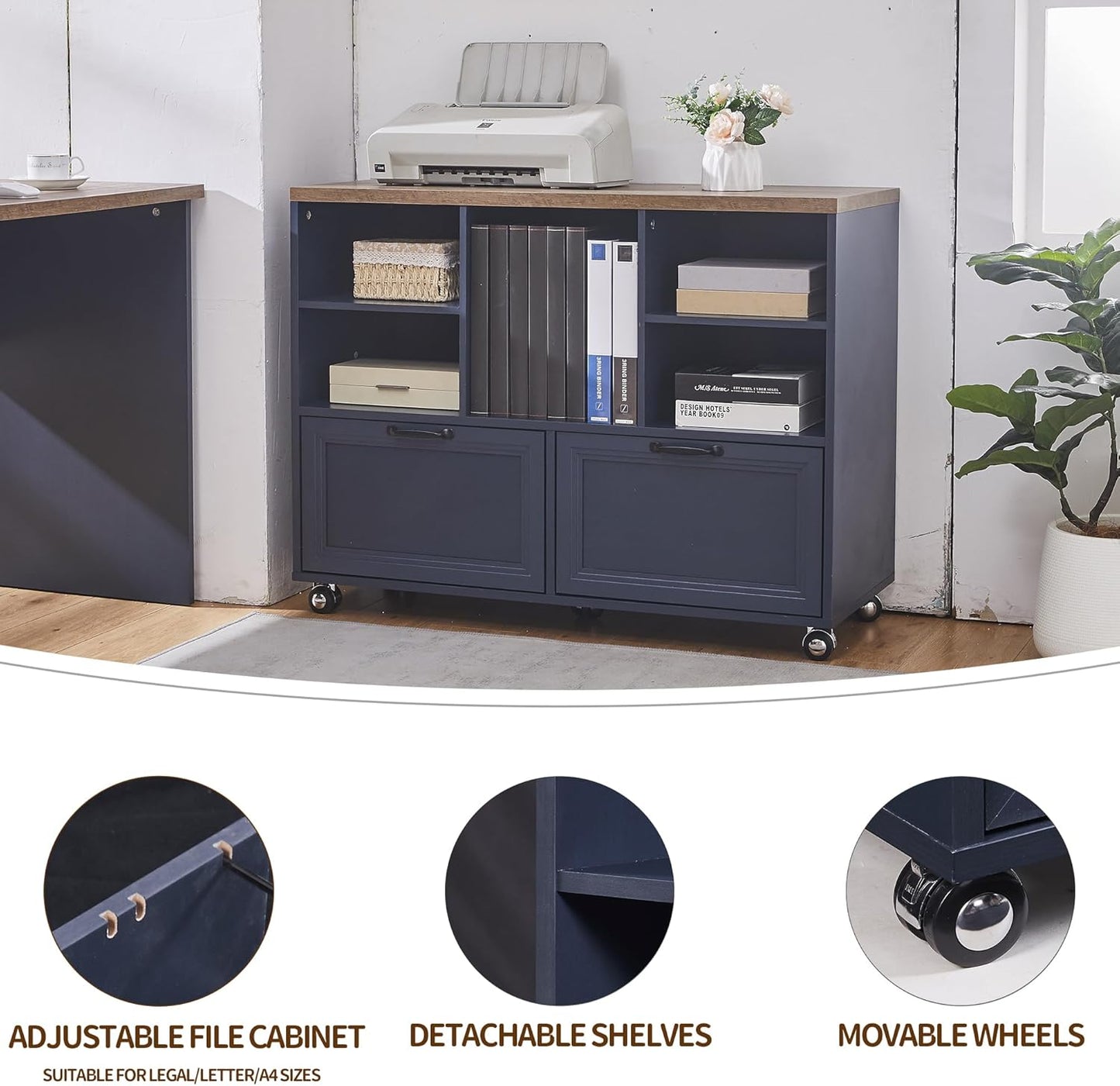 Skiennix Farmhouse Wood File Cabinet - Rolling Storage with 2 Drawers for Legal/Letter/A4 Size (Blue)