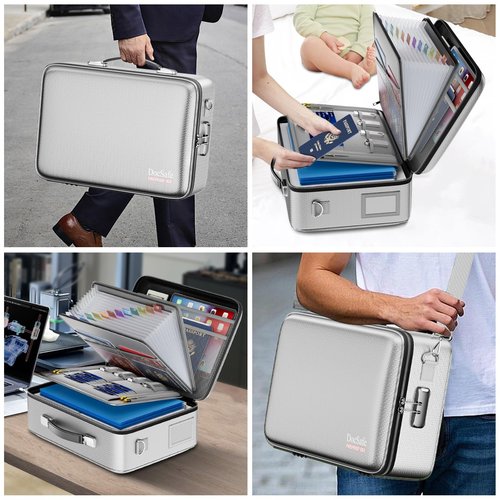 DocSafe Fireproof Document Box with Lock＆Shoulder Strap,Hard Case File Organizer with Accordion File Folder,Multi-Layer Portable Home Office Travel Safe Storage for Important Documents Laptop Silver