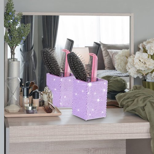 KEYPOWER Acrylic Pencil Pen Holder Cup Decorated with Bling Rhinestone Makeup Brush Holder Modern Desktop Stationery Accessories (Purple)