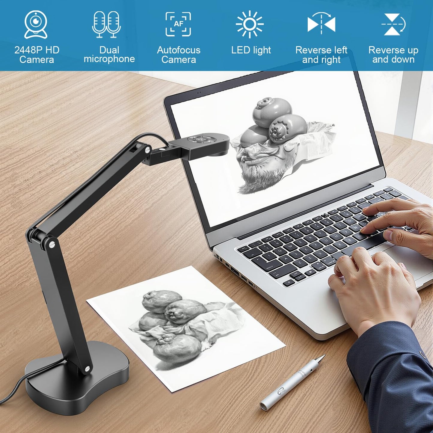 Kitchbar 4K USB Document Camera & Webcam for Teachers: 8MP USB with 3-Level LED Light & Mic & Image Invert,Fold, A3 Format for Teaching in Classroom/Distance Learning Educators(Mac/Windows/Chromebook