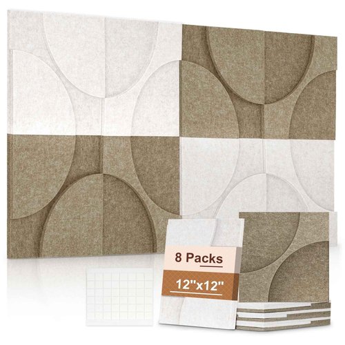 DOLLAR BOSS Acoustic Wall Panels 8 Pack 12" x 12" Wall Art Sound Proof Panels 3D Carving Decorative Sound Absorbing Panels for Walls for Recording Studio Office Home, Latte & Beige
