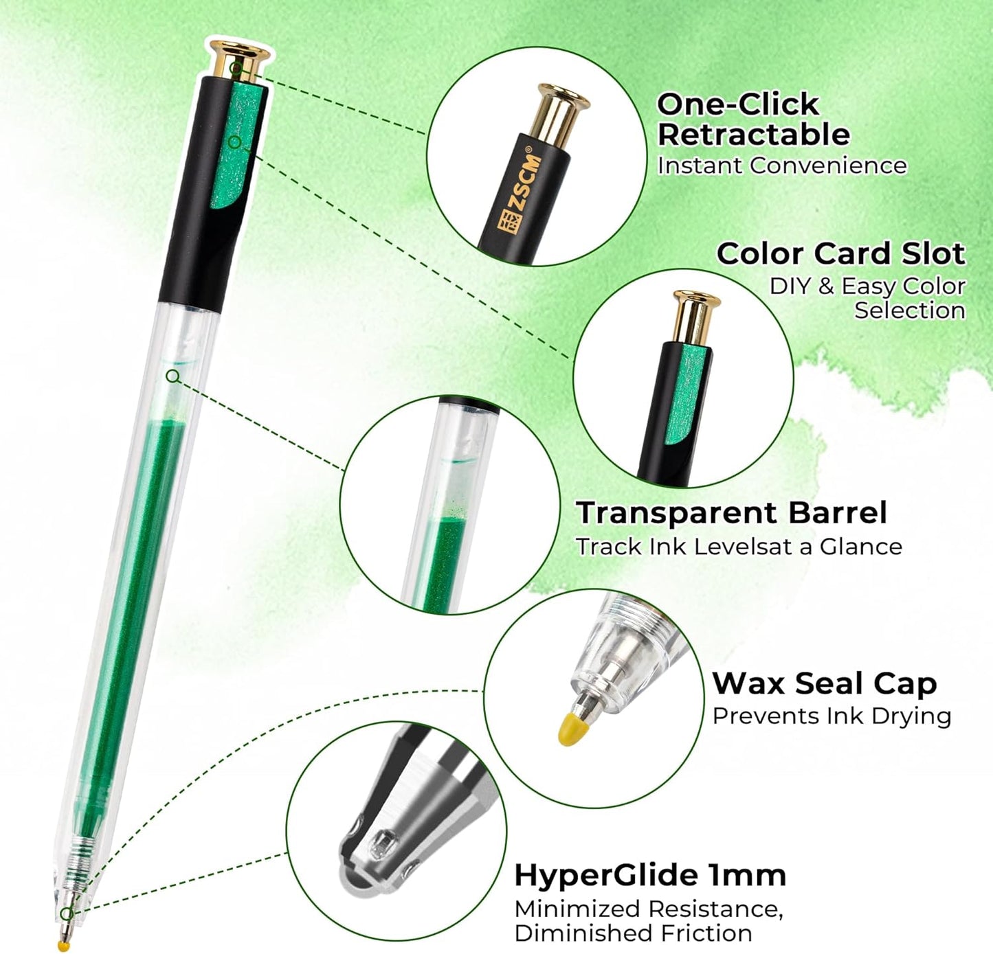 Skiennix Retractable Glitter Gel Pens - 12 Vibrant Colors | 1 mm Fine Point for Smooth Writing