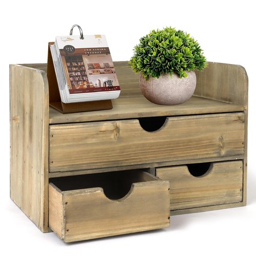 Besti Wooden Office Desk Organizer - Organizing Tool for Desktop, Cubicle, Bedroom, Kitchen - Vintage Style Organization Caddy with Top Tray Shelf & 3 Drawers - 13.6x9x7 Inches (Rustic Burnt)