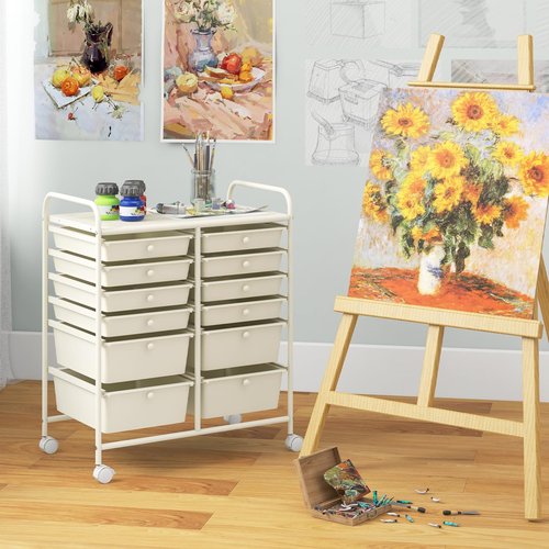RELAX4LIFE 12 Drawer Rolling Storage Cart, Utility Cart w/Wheels for Paper Tool Makeup, Art Supplies Craft Organizers for Home Teacher Office School Classroom, Mobile Drawer Carts (White)