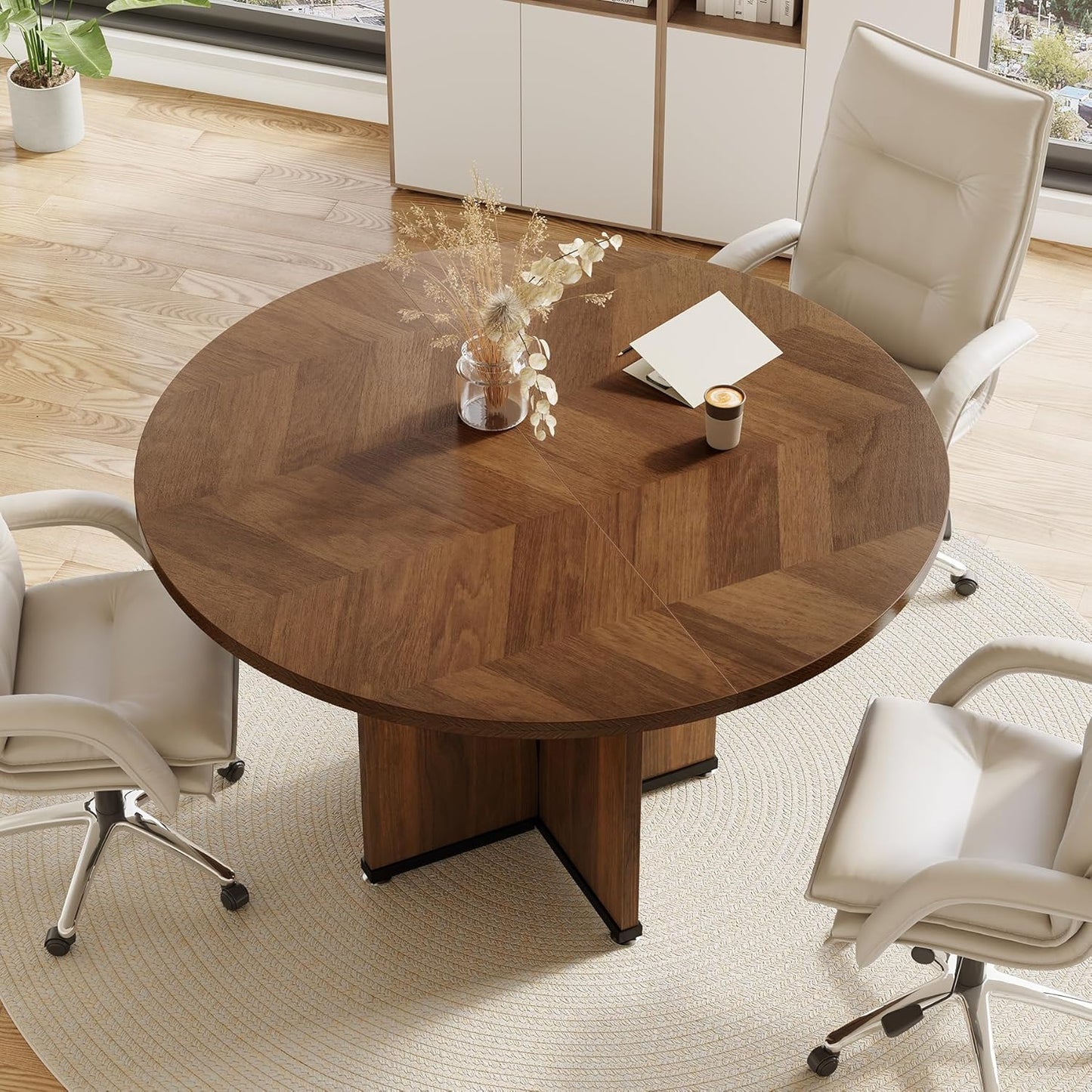 LITTLE TREE 39-Inch Small Conference Table for 4, Round Meeting Table with X-Shape Pedestal, for Office, Conference Room, Small Spaces, Black