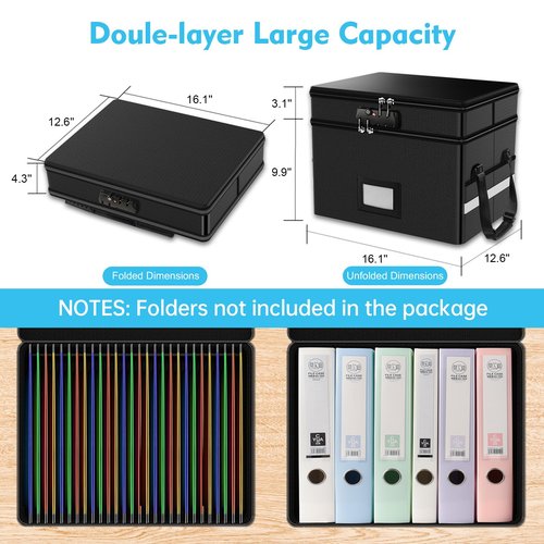 RHM Fireproof Document Box with Lock, 2 Layer Fire Proof File Box for Documents with Handle, Portable Home Office Fire Safe Document Box for Hanging Letter/Legal Folder/Certificate