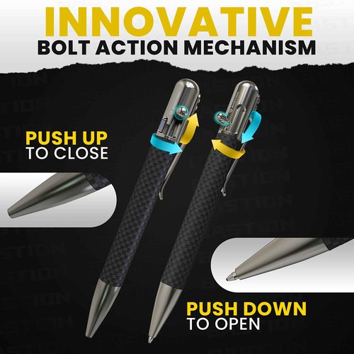 BASTION Bolt Action Pen | Carbon Fiber and Stainless Steel | Extra Black Ink Cartridge Fine Point (0.5mm) For Women and Men Gift Ballpoint Pen Combo 2 Standard Ink Refill