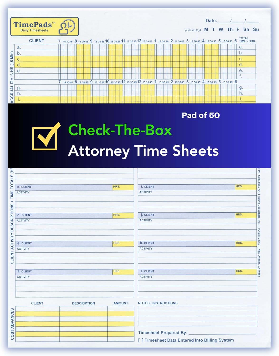"Check-The-Box" Time Sheets for Lawyers. Effortless Timekeeping for Attorneys. (Pad of 50 Time Sheets). 8.5x11". Made in USA.
