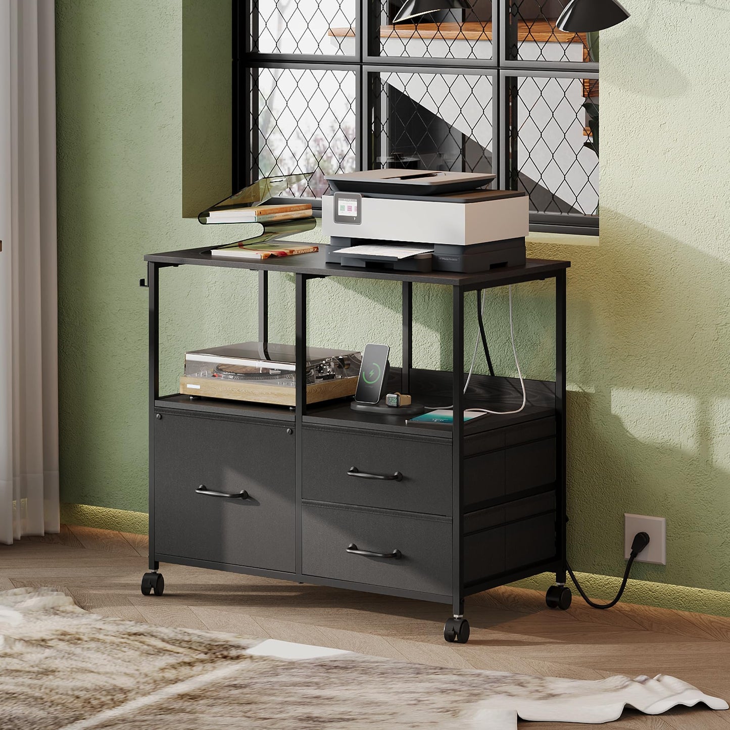 DEVAISE 3 Drawer File Cabinet with Charging Station, Rolling Printer Stand for Office Storage, Mobile Filing Cabinet fits Under Desk Storage, Black