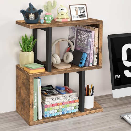 IGERI Desktop Bookshelf for Top of Desk Shelf - Brown Book Organizer 3-Tier Shelves Storage Small Bookcase Hutch for Dorm Office College