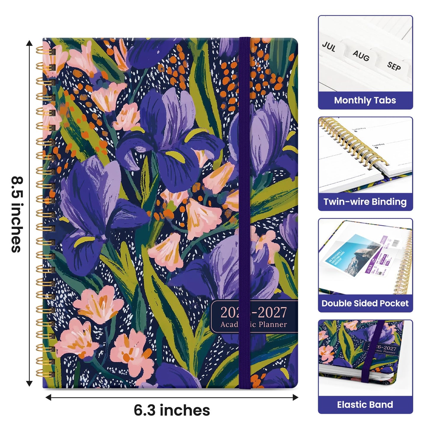 Planner 2026-2027, Academic Year Monthly and Weekly Calendar Planner, Jul 2026 - Jun 2027, Hardcover Teacher Student Planning Agenda book with Tabs, Perfect for School Office Supplies, 6.3" x 8.5" - Petal Rhythm