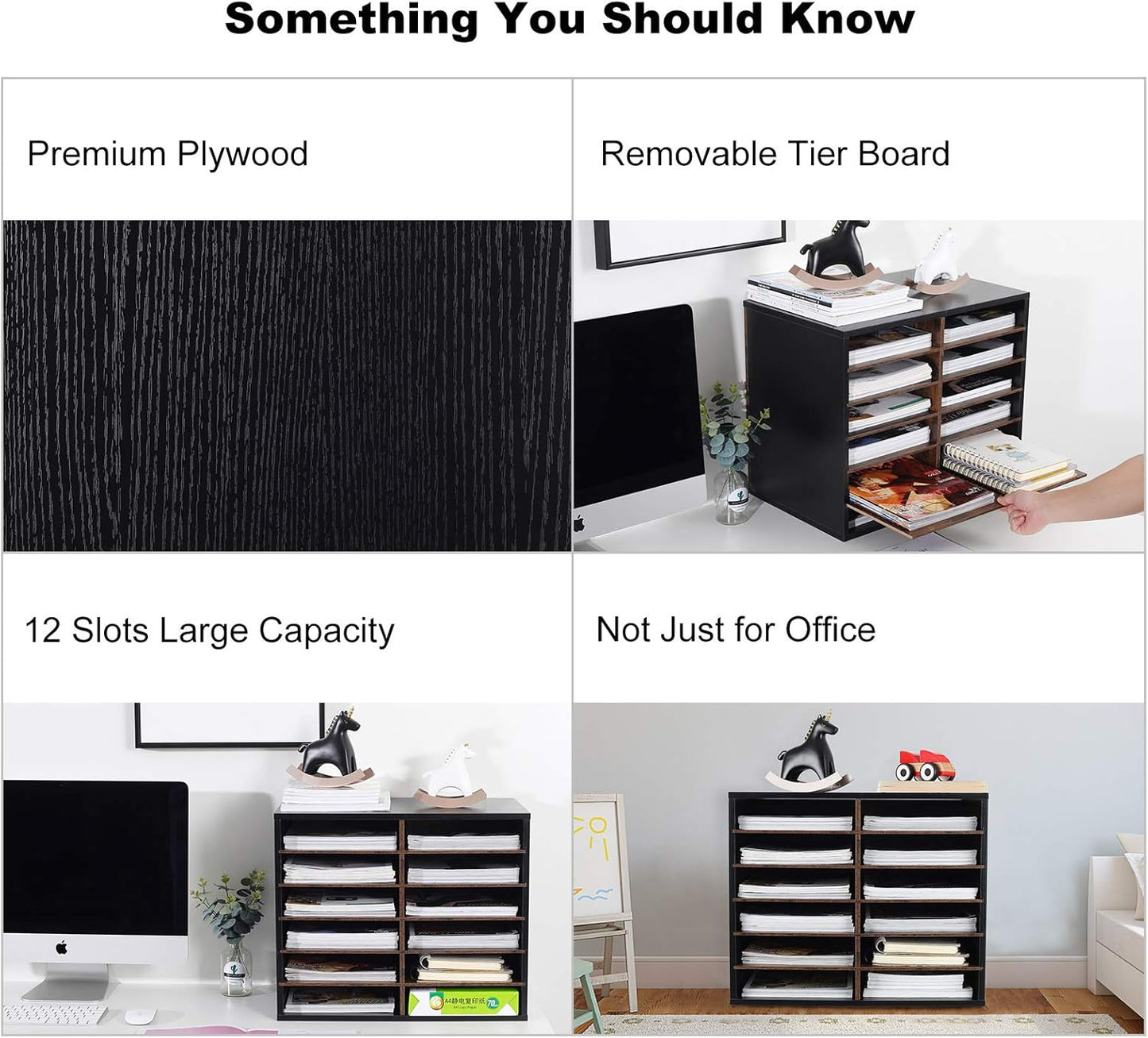 TQVAI Wood Literature Organizer - 12 Slot A4 Paper Storage with Adjustable Shelves | Black/Archaize Finish
