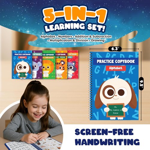 Magic Grooved Writing Practice Set for Kids - 5 Erasable Books for Alphabet, Drawing & Math | Includes 2 Magic Pens & 10 Refills