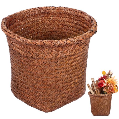 1Pc Straw Woven Wastebasket Retro Garbage Can Straw Rubbish Container Wicker Waste Basket（Small）