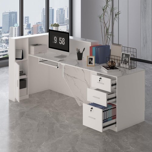L-Shaped Reception Desk - Modern Front Counter with Lockable Drawers & Adjustable File Cabinet | Marble White, 86.6''L x 23.6''W x 41.3''H