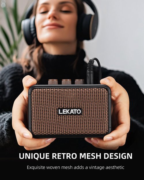 LEKATO Mini Electric Guitar Amplifier, Dual Speakers 5W, Rechargeable Guitar Amp Bluetooth with Clean Overdrive Effects, Headphone Jack, Retro Portable Small Amp for Practice