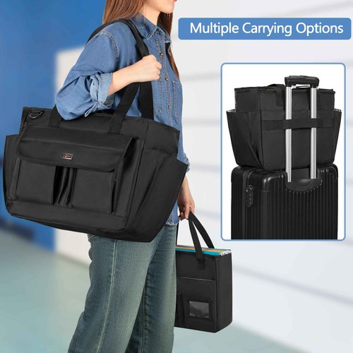 LoDrid File Tote Bag with Extra Document Organizer Case for Letter Size File Folders, Large Utility Bag with 15.6” Laptop Padded Sleeve for Work, Business, Black
