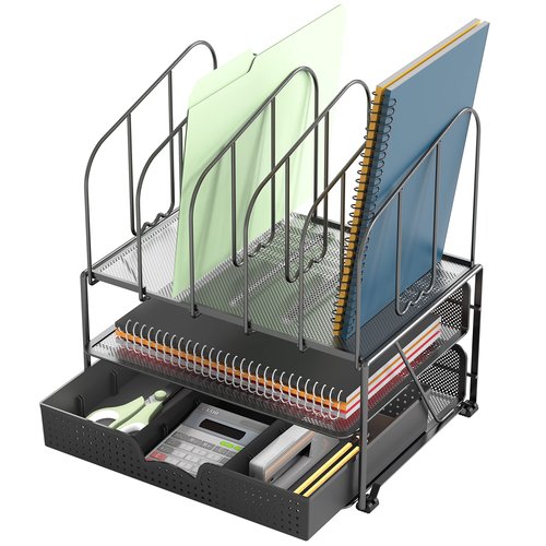 DecoBros Mesh Desk Organizer with Double Tray, 5 Upright Sections and Sliding Drawer, Black