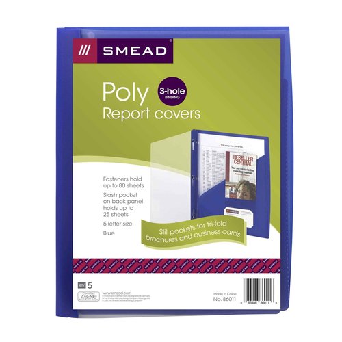 Smead Clear Front Poly Report Cover, Three Double Tang Side Fasteners, 1/2" Capacity, Letter Size, Dark Blue(86011), (Pack of 10, 50 Count Total)