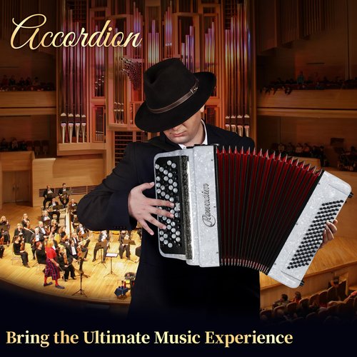Accordion - 69 Key 96 Bass Professional Model with Strap | Premium Performance Instrument for Teachers, Musicians & Serious Enthusiasts (White)