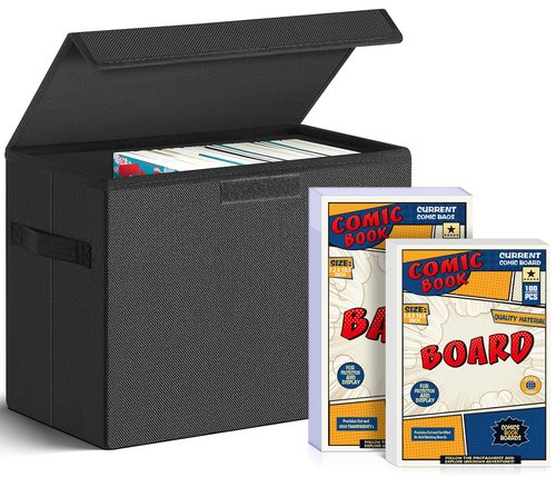 Leffis Comic Book Storage Box and 100 Count Comic Book Current Size Bags and Boards, Acid-Free Comic Backing Boards and Bags, Collapsible Comic Book Case with Carrying Handles