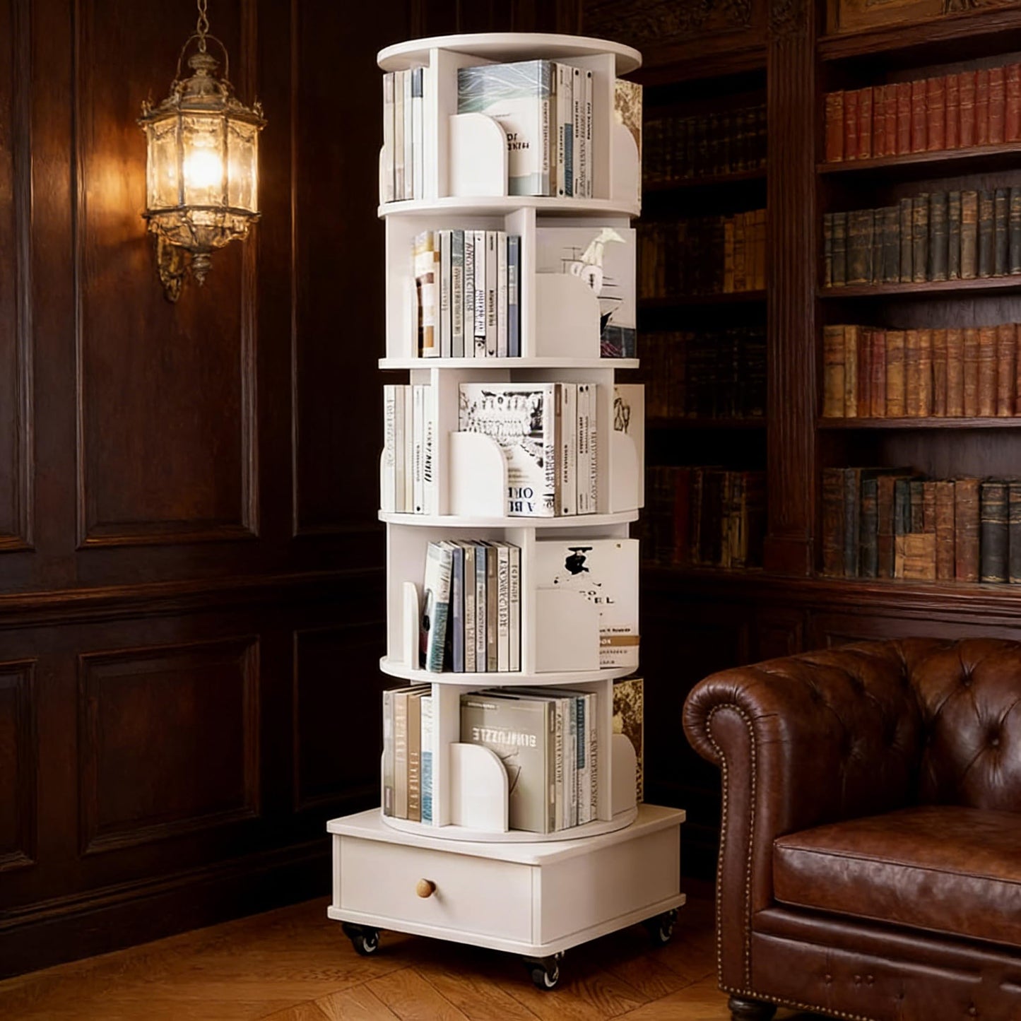 Ywin 6 Tier Solid Wood Rotating Bookshelf with Wheels, 360°Spinning Book Shelf Tower with Storage Cabinet,Round Revolving Bookcase Organizer, Rolling Bookshelves for Small Spaces, Corner, Bedroom