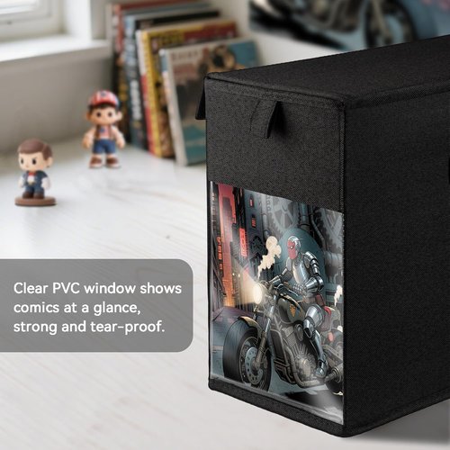 Comic Book Storage Box - 2 Pack Collapsible Organizer with Lid & Clear Window | Heavy Duty Black