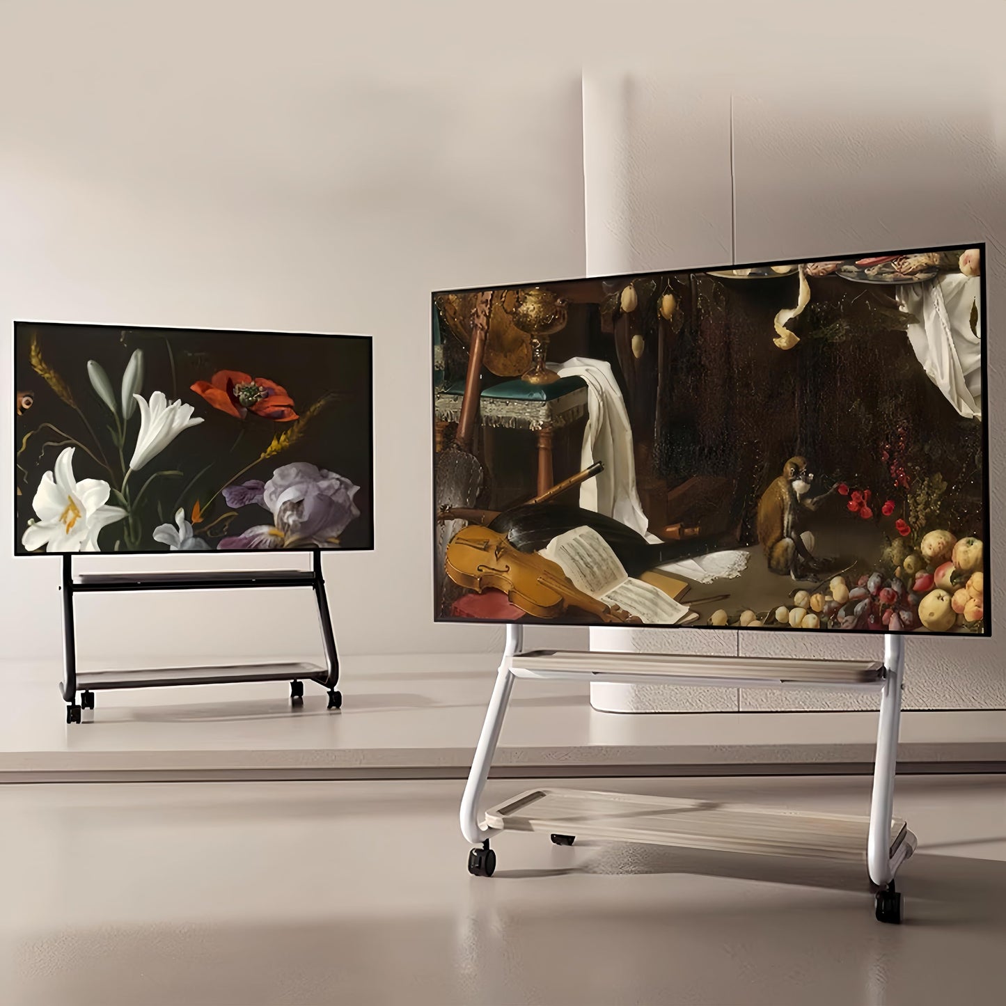Hovadova Easel Rolling TV Stand with Wheels - 32"-75" TVs, Heavy Duty Floor TV Mount with 2-Tier Storage Shelf & Hole Platform, 110lbs Capacity for Living Room/Bedroom