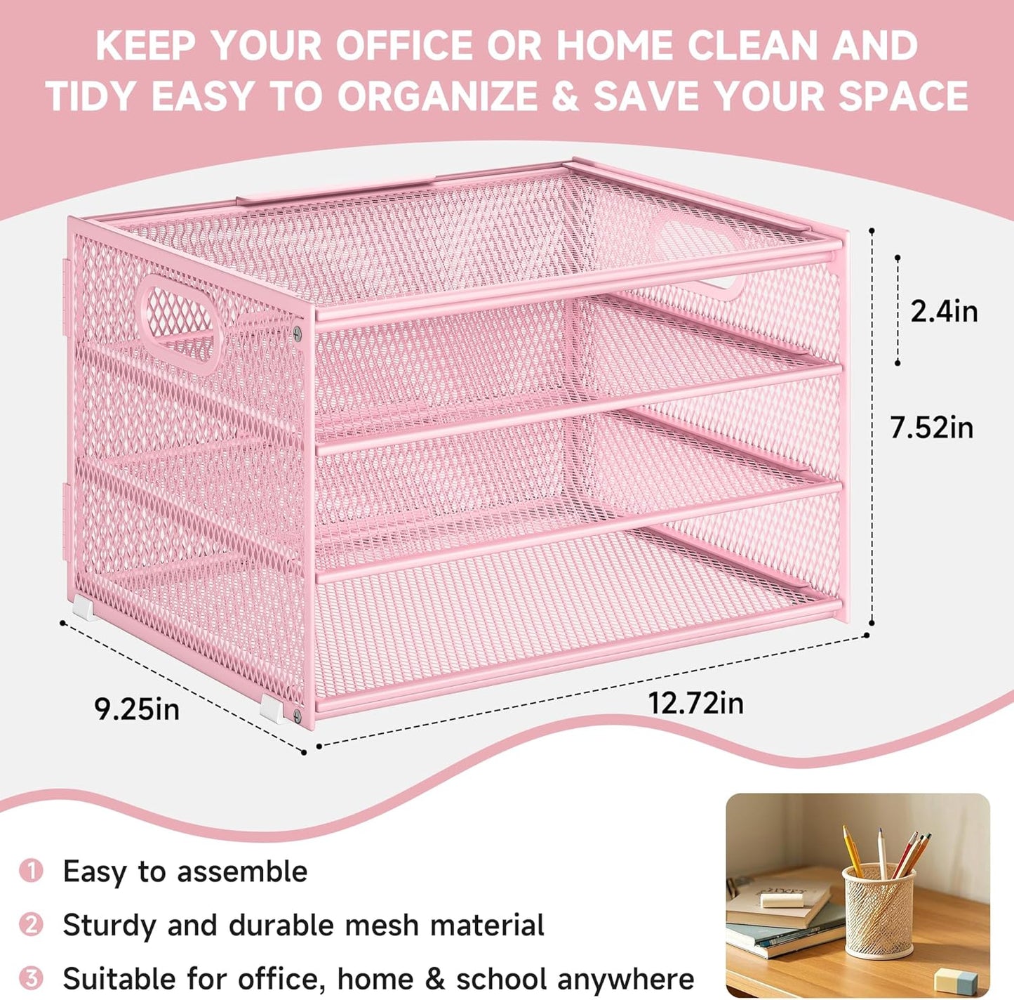 Subekyu Desk Organizer - Pink Metal Mesh Letter Tray with Handle & 2 Sliding Trays for Home Office