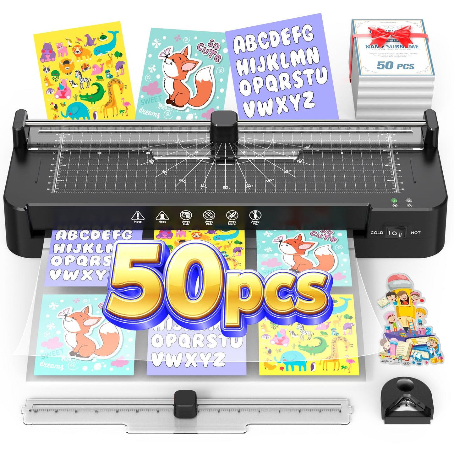 13 Inch Laminator Machine with Sheets 50pcs, Paper Trimmer Corner Rounder Scale Line, NTC Control 11x17 ABS Anti-Jam Dual Hot Cold Mode 90s Preheat Laminating Machine for A3A4A5A6 Teacher Home Office