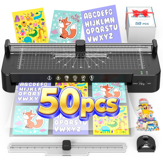 13 Inch Laminator Machine with Sheets 50pcs, Paper Trimmer Corner Rounder Scale Line, NTC Control 11x17 ABS Anti-Jam Dual Hot Cold Mode 90s Preheat Laminating Machine for A3A4A5A6 Teacher Home Office