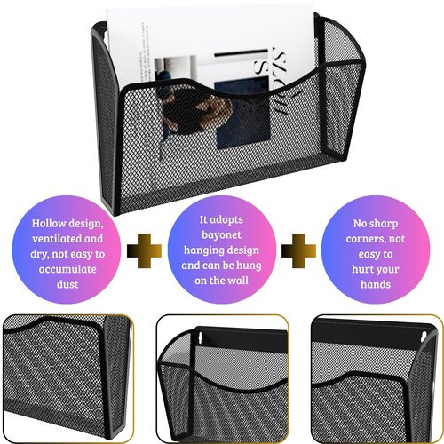 Heavty 3 Single Pocket Mesh Wall File Organizer, Metal Vertical Wall Mounted Magazine Mail Paper Document Folder Holder for Office Home School, Black