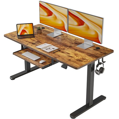 FEZIBO Height Adjustable Electric Standing Desk with Keyboard Tray, 55 x 24 Inches Stand up Table, Sit Stand Home Office Desk with Splice Board, Black Frame/Rustic Brown Top