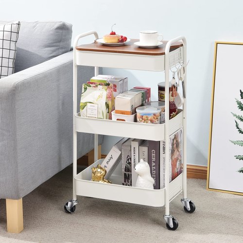 TOOLF 3-Tier Rolling Cart with Table Top, Metal Storage Cart on Wheels, Utility Organizer with Wooden Tray, Lockable Casters, Easy Assembly for Bathroom, Living Room, Office, Kitchen, White