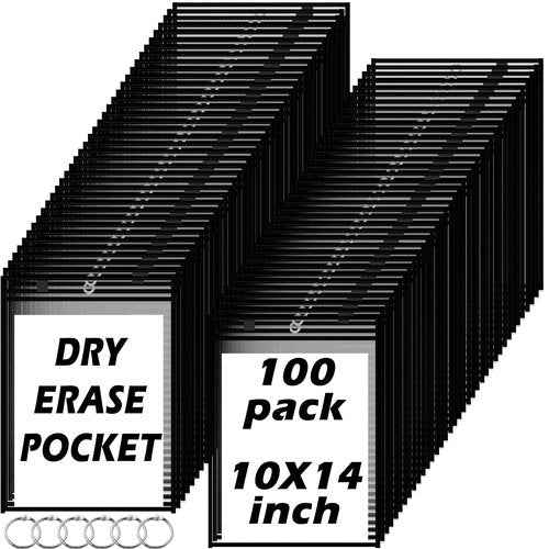 100 Packs Dry-Erase Pockets Bulk Oversized Reusable Dry Erase Pocket Sleeves with 6 Rings, 10x14 Black Ticket Holders, Clear Plastic Sheet Protectors, Teacher School Classroom Supplies