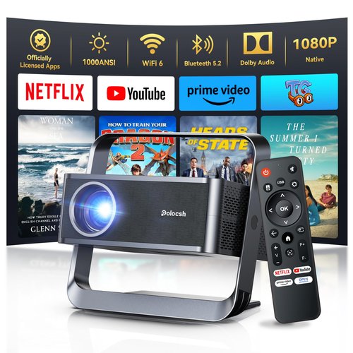 [Native 1080P & Official Licensed Apps] Polocsh 4K Projector with WIFI 6 and Bluetooth, 1000ANSI Smart Projector with Auto Keystone Protable Projectors Home Movie Outdoor Mini Proyector (Steel Gray)
