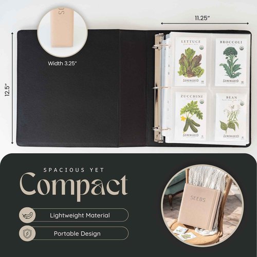 Seed Storage Binder – Seed Packet Organizer w/50 Sheet Protectors & Protective Flap-Top Inserts Stores 200 Envelopes Binder w/5 Dividers for Sorting Seeds & Gardening Supplies