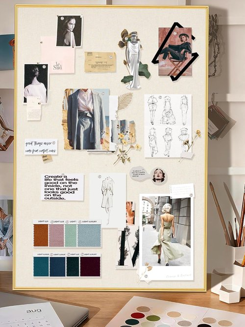 Lightomorrow Bulletin Board - 40 x 30 Inches Oatmeal White Fabric Cork Board with Golden Frame & 10 Push Pins