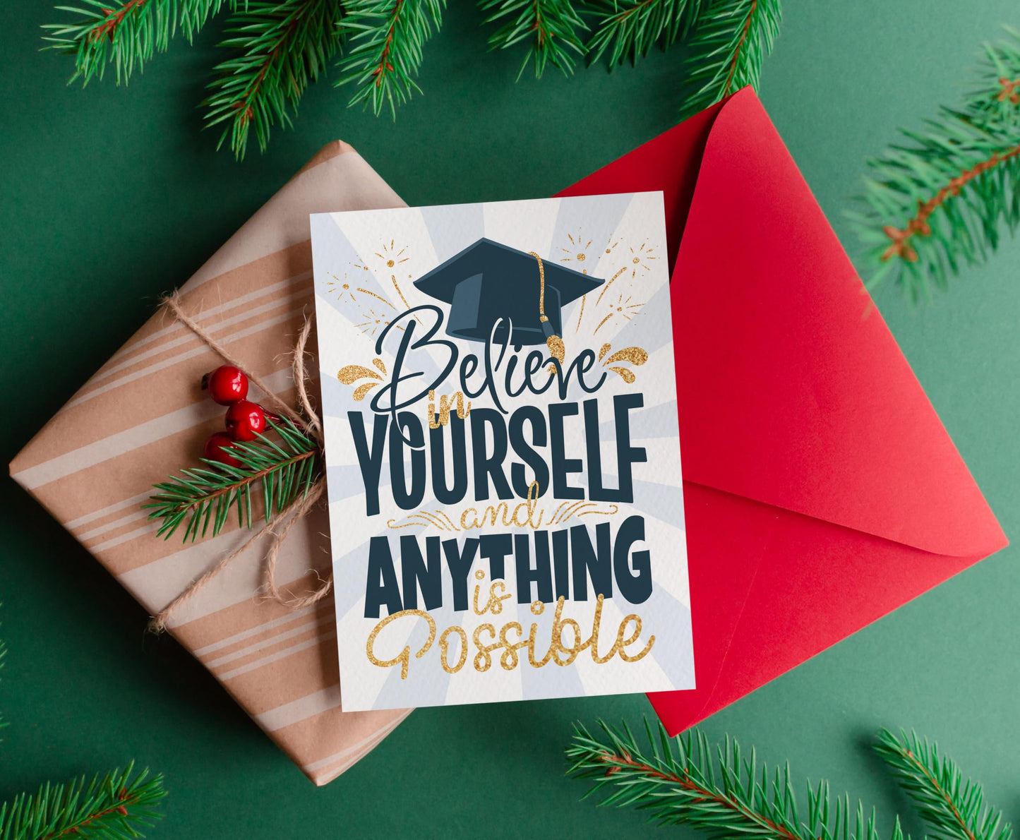 Graduation Card – Inspirational Believe in Yourself Design Gold Glitter – 5x7 Folded Greeting Card with Red Envelope – Motivational Congrats Gift for High School, College, Nursing, Kindergarten, Middle School Grad