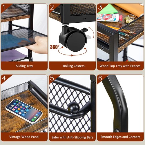 3IngSeagulls 5-Tier Rolling File Cart with Hanging File Folders, Mobile Desk File Organizer on Lockable Wheels, Wood & Mesh Paper Letter Sliding Trays Organization for Office, Home, School, Patent