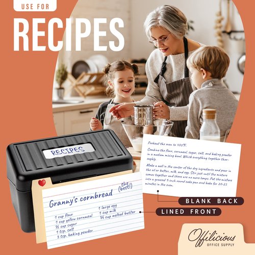 OFFILICIOUS Business Card Organizer 3x5 - Premium Index Card Holder Box for Flashcards, Notecards, Recipes - Recipe Box with Cards & Dividers, Labels, Stickers
