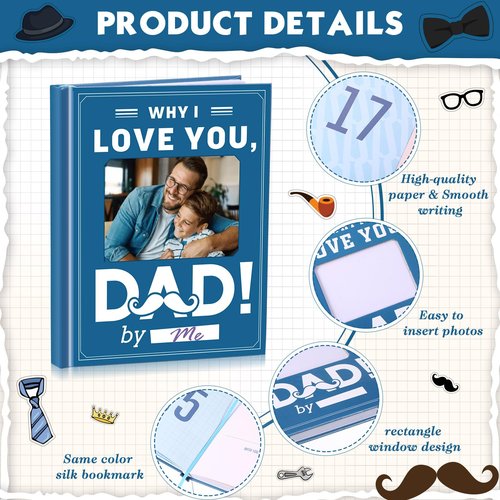 Janlaugh Dad Fill In The Blank Love Book Father's Day Gifts Why i Love You Dad Journal with Stickers Picture Corners DIY Wrote Love Reasons Book for Men Father Birthday from Daughter Son (Blue)