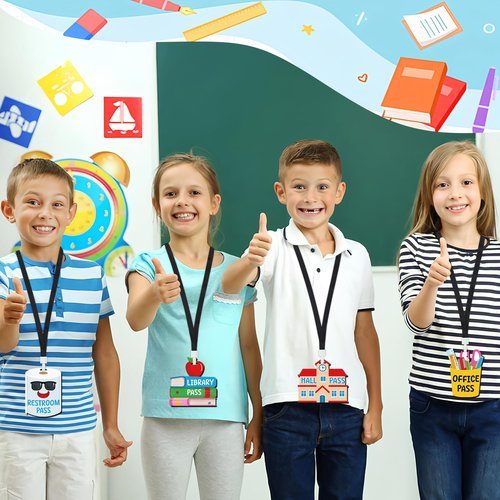 6 Sets Hall Pass Lanyards Wooden School Passes Set Unbreakable Classroom Passes Colorful Cartoon Style Hall Pass for Classroom School Restroom Library Office Nurse Teachers Gift Supplies