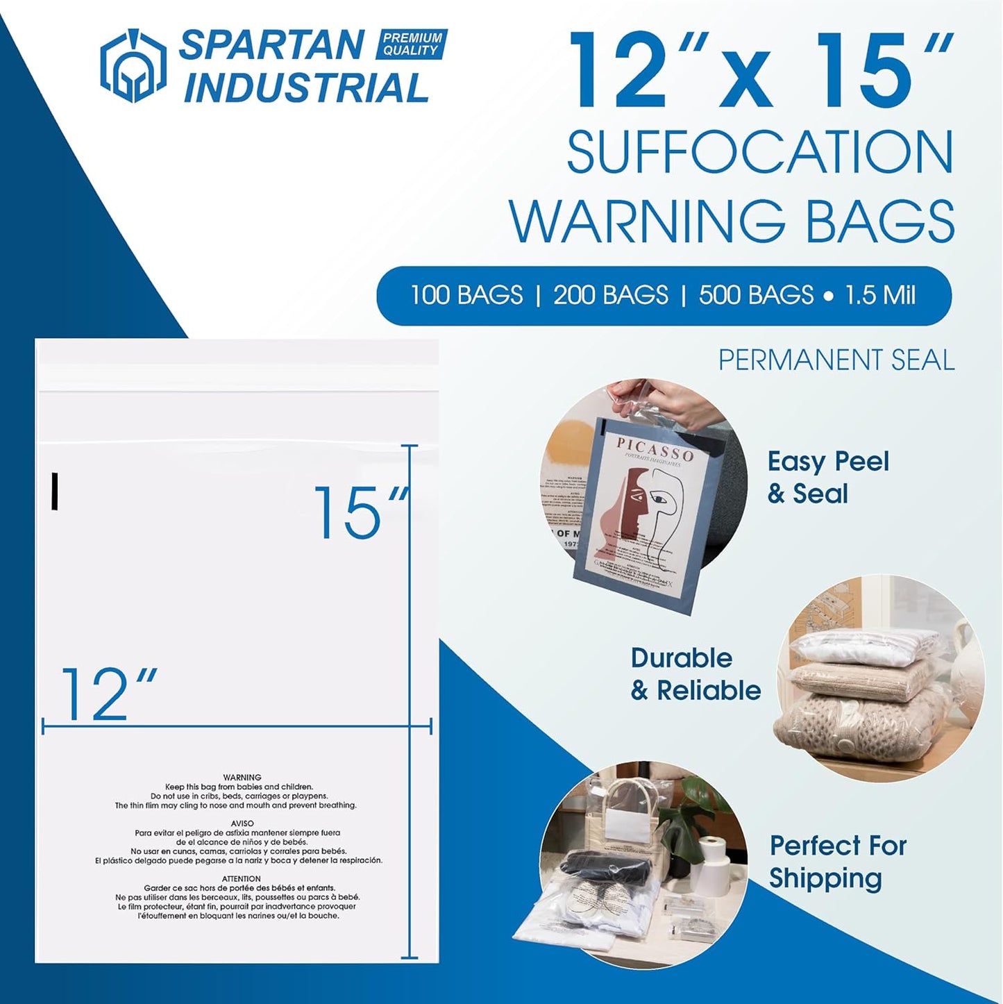 Spartan Industrial - Self-Seal Clear Poly Bags (12” X 15”, 100 Count) with Suffocation Warning | Ideal for T-Shirts & Shipping
